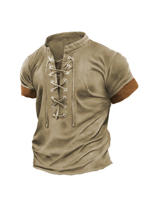 Men's Retro Lace-Up Design Casual T-Shirt
