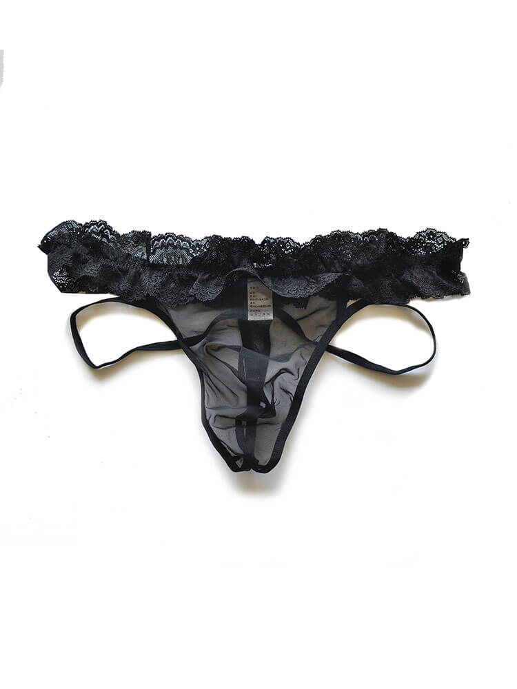 D.M Men's Sexy Lace Low-Rise Transparent Double Thong