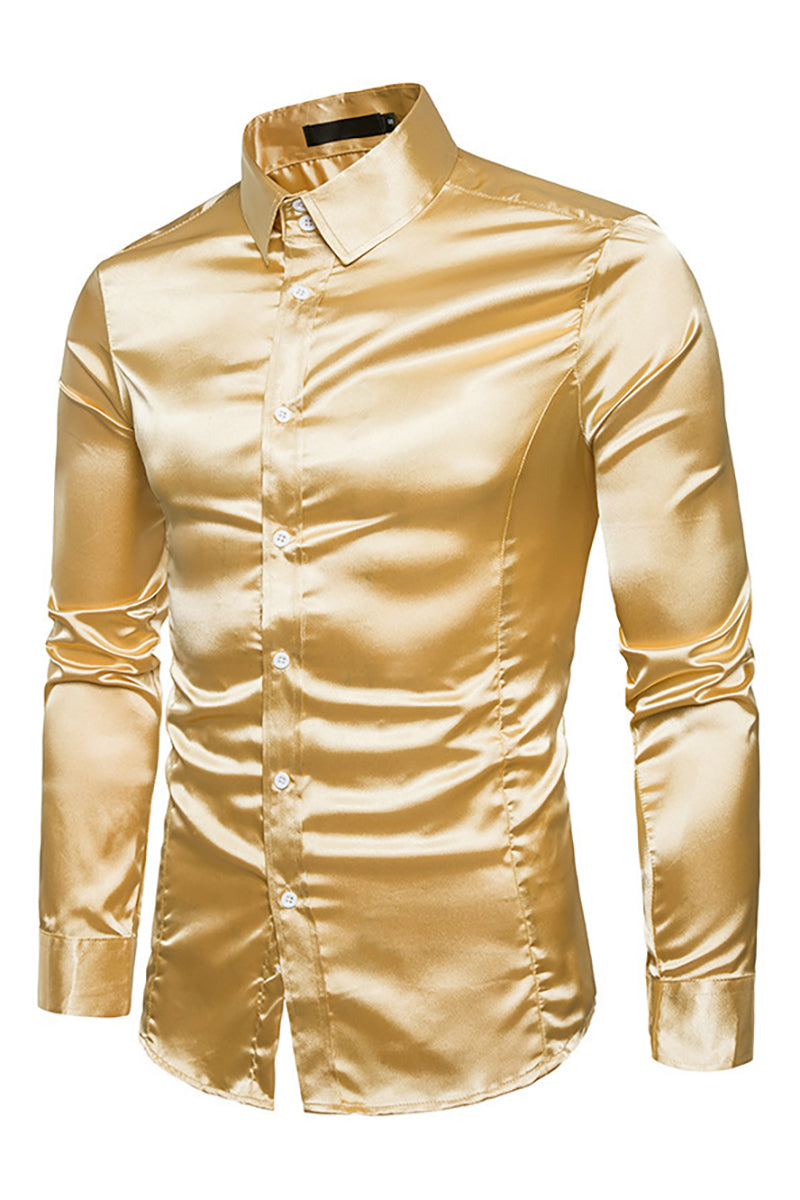 Satin Button Turndown Collar Slim Semi Formal Long Sleeve Shirt
