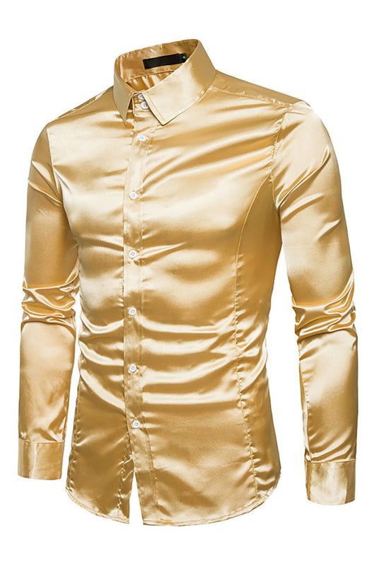 Satin Button Turndown Collar Slim Semi Formal Long Sleeve Shirt