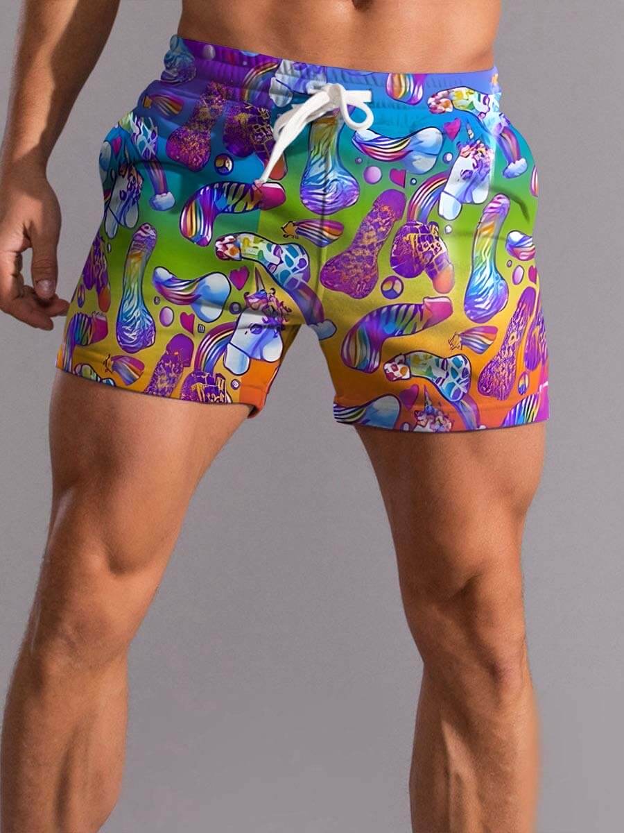 Men's Rainbow Cock Pattern Casual Beach Shorts