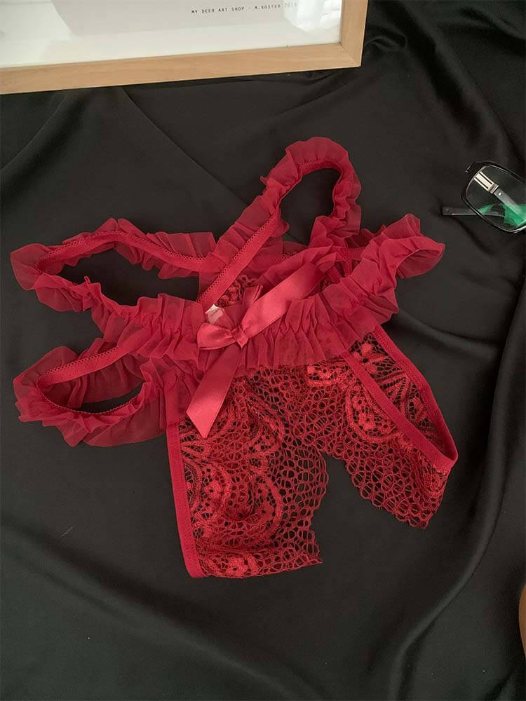 Men's Sexy Lace Ruffle Open Crotch Sissy Jockstrap