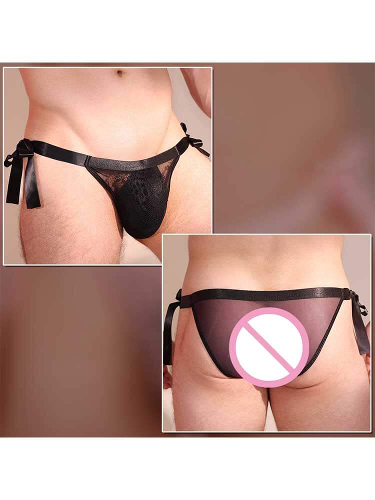 Men's Sexy Low-Rise Lace-Up See-Through Lace Briefs