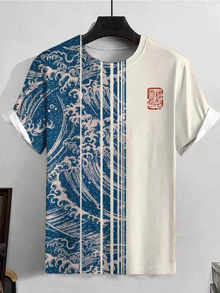 Men's Casual Sea Wave Color Block Print T-Shirt