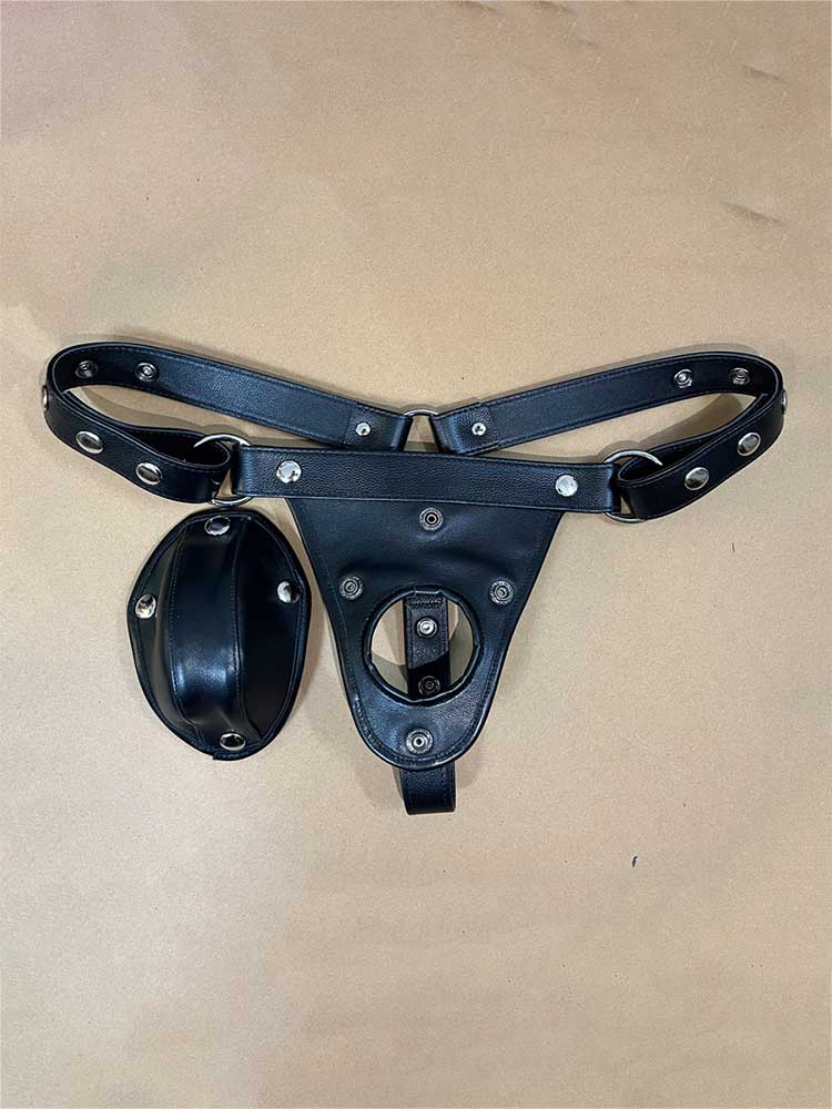 Men's Sexy Detachable-Pouch Cowhide Leather Thong