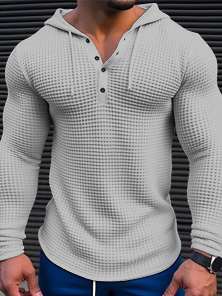 Men's Solid Color Waffle Button-Down Hooded Top