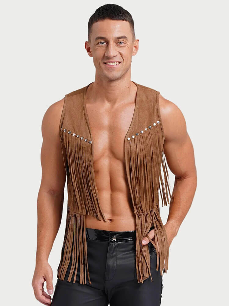 Men's V-Neck Studded Fringe Vest Jacket