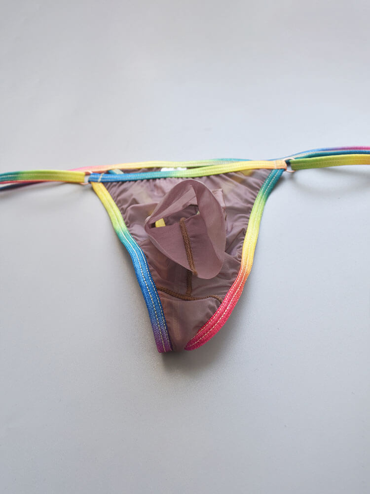 Men's Sexy Rainbow Trim Sheer Open Pouch Thong