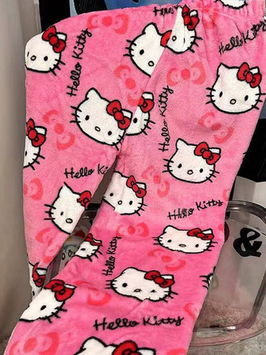 Casual Cartoon Cat Print Coral Fleece Pajama Pants
