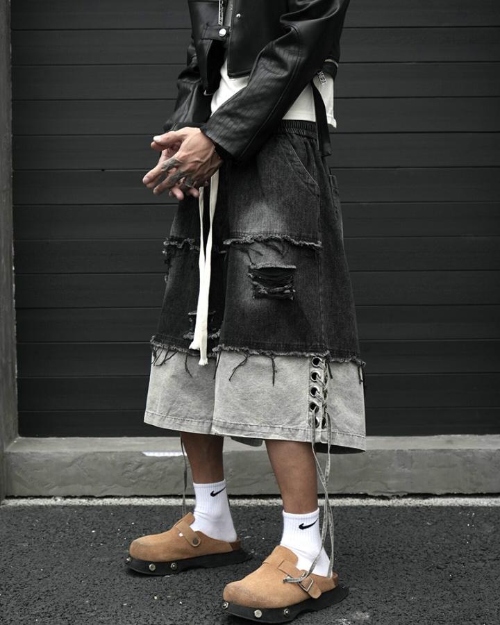 KIIKIO High-Street Wasteland-Style Hip-Hop Color-Block Cropped Pants