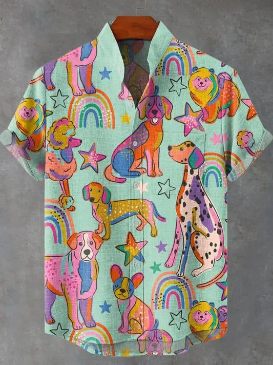 Men's Cute Rainbow Dogs Print Short Sleeve Shirt