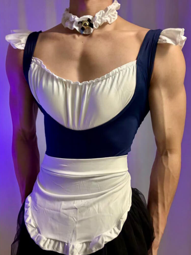 Men's Sexy Blue White Maid Uniform Tutu Set