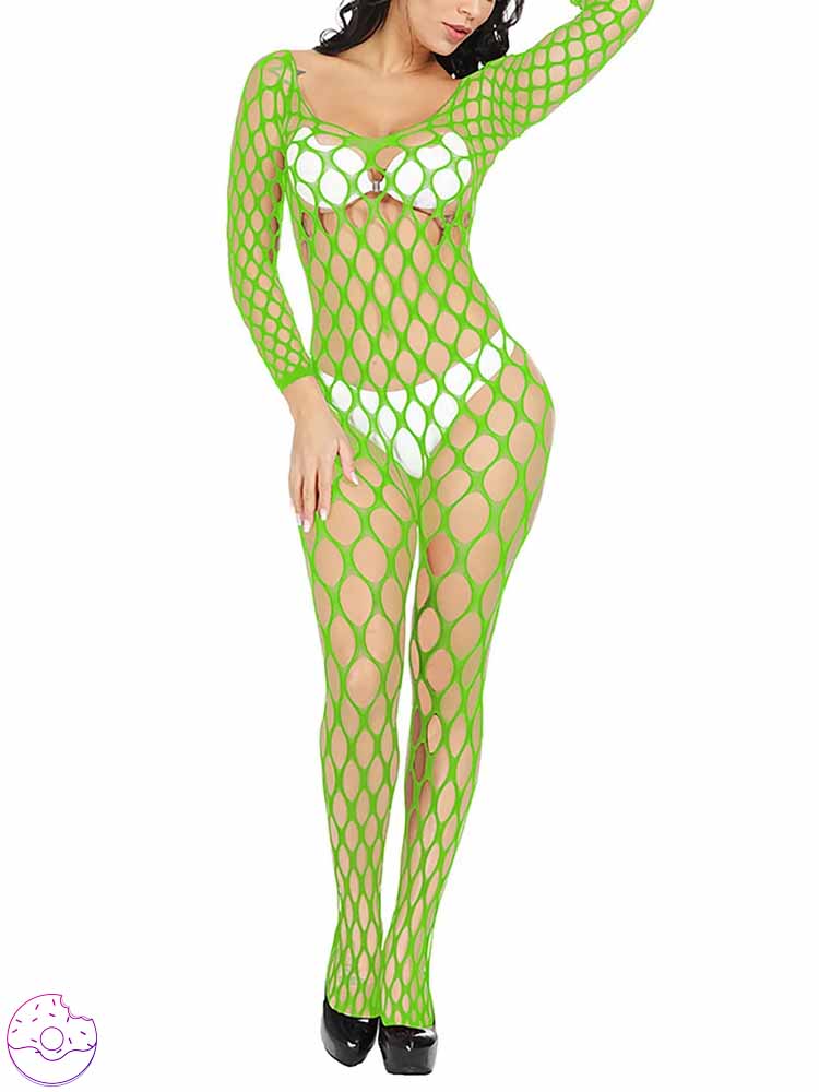 Solid Color Large Mesh See-Through Fishnet Bodysuit