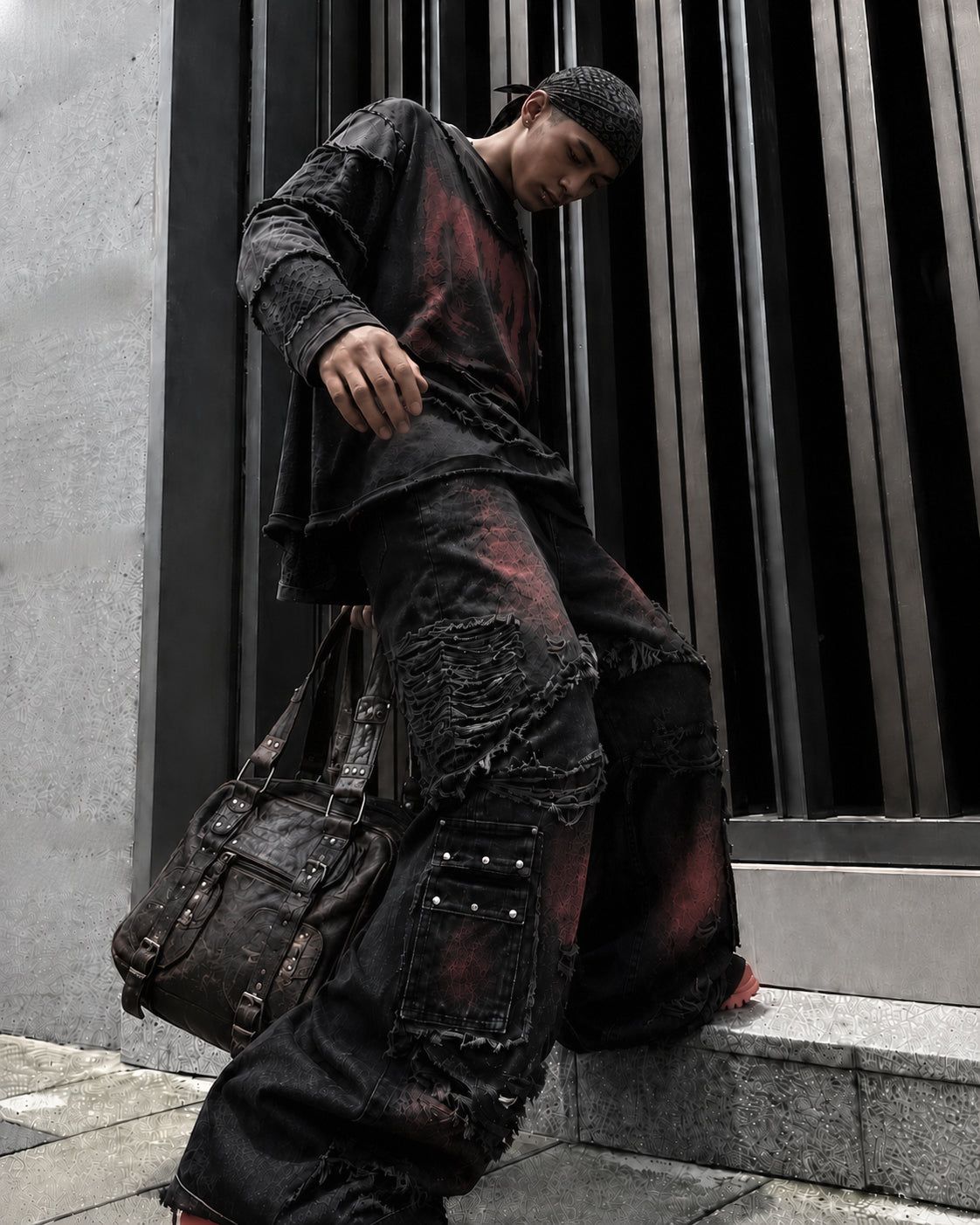 KIIKIO Gradient Red Frayed Cargo Wide Leg Denim Pants