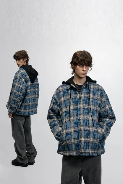 American Streetwear Hip-Hop Plaid Hoodie Jacket – Removable Hood, Cotton Lined