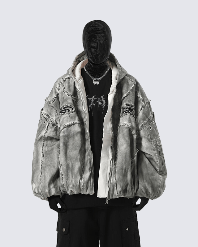 Distressed Embroidered Padded Hooded Jacket