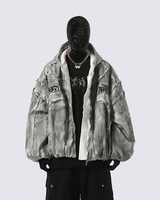 Distressed Embroidered Padded Hooded Jacket