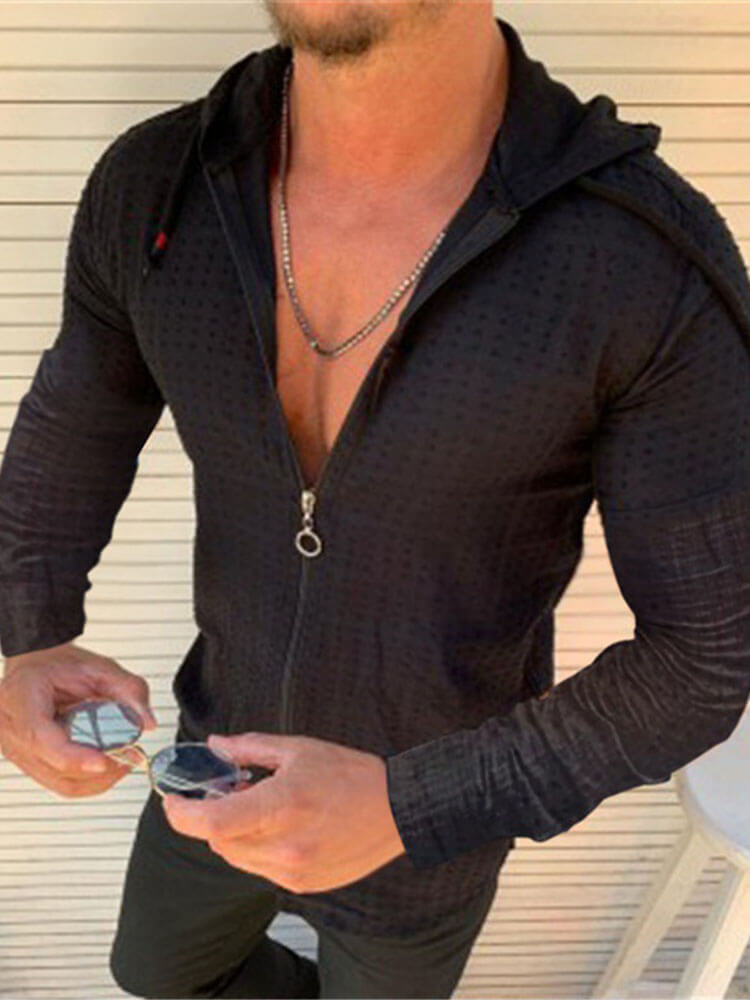 Men's Solid Color Zip-Up Slim Fit Hooded Top