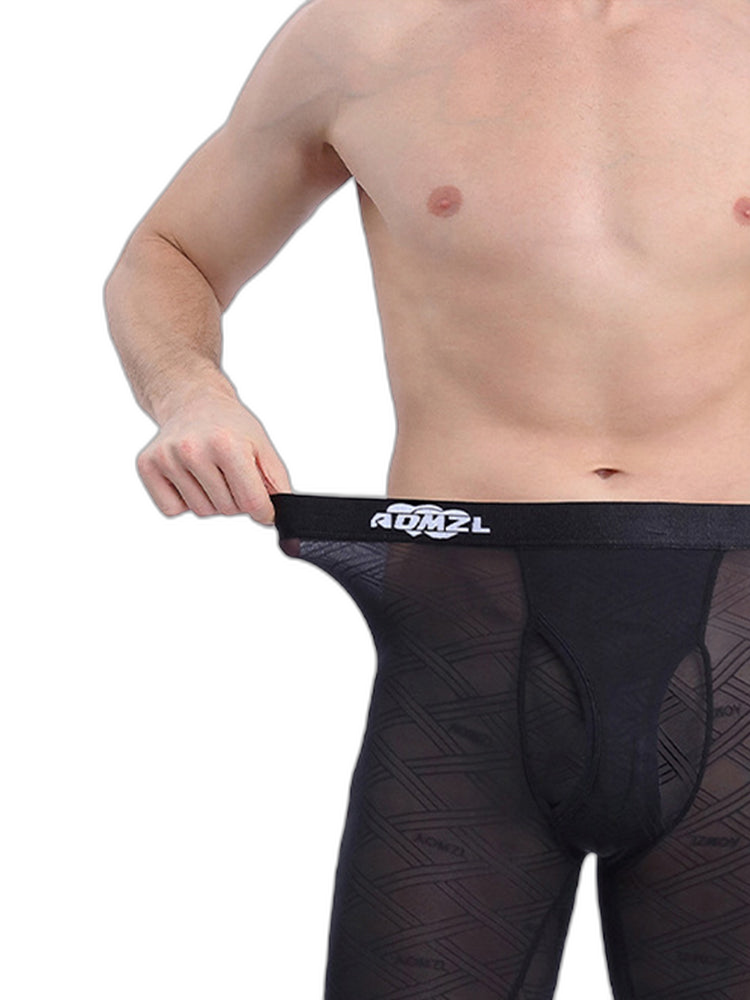 Men's Sexy Transparent Ice Silk Jacquard Seamless Tights Warm Pants