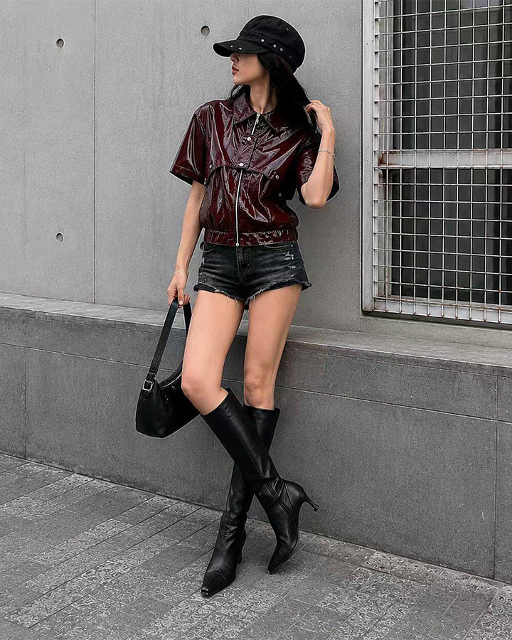 KIIKIO Gothic Glossy PU Cropped Zipper Shirt
