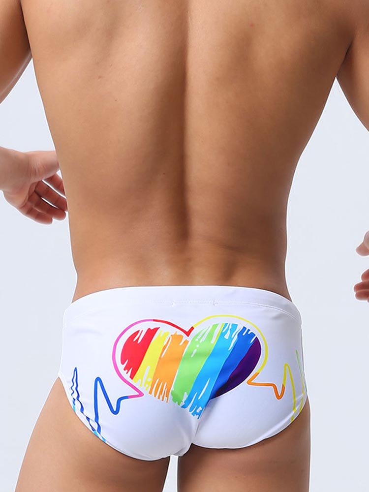 Men's Rainbow Paint Heart Print Swim Briefs