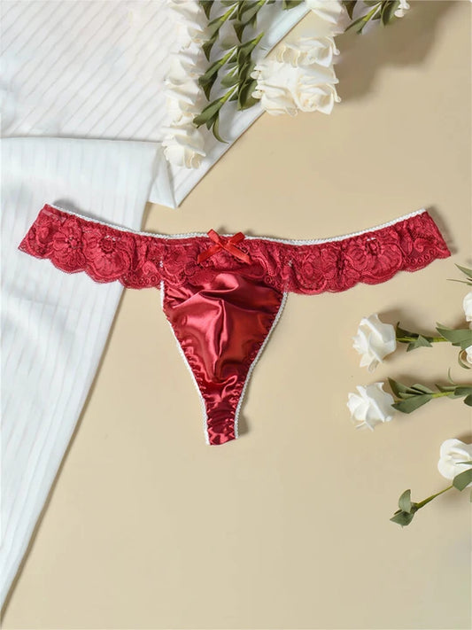 Men's Lace Trim Low-Rise Satin Seamless Thong