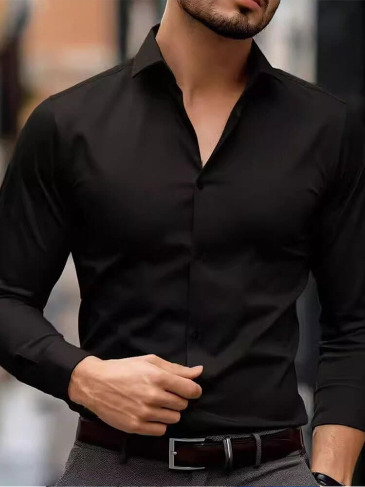 Men's Solid Color Long-Sleeved Casual Suit Shirt