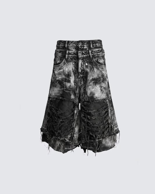 KIIKIO-Distressed Washed Layered Denim Shorts New