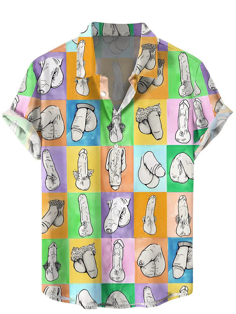 Men's Cocks Print Colorblock Short Sleeve Shirt