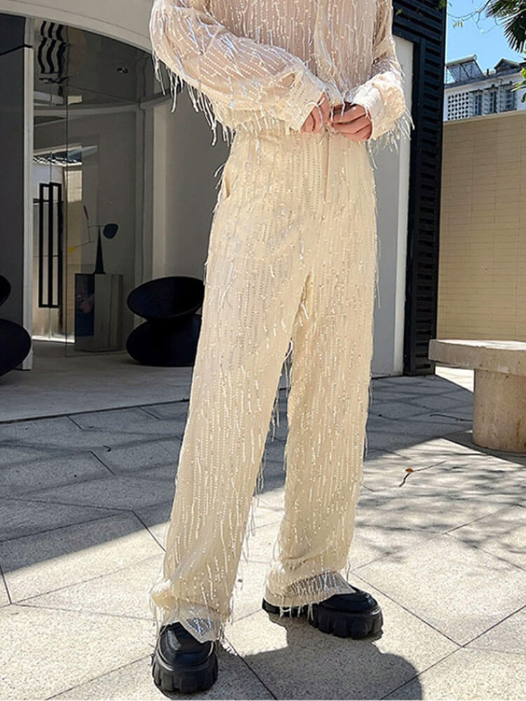 Men's Casual Sequined Tassel Straight Suit Pants