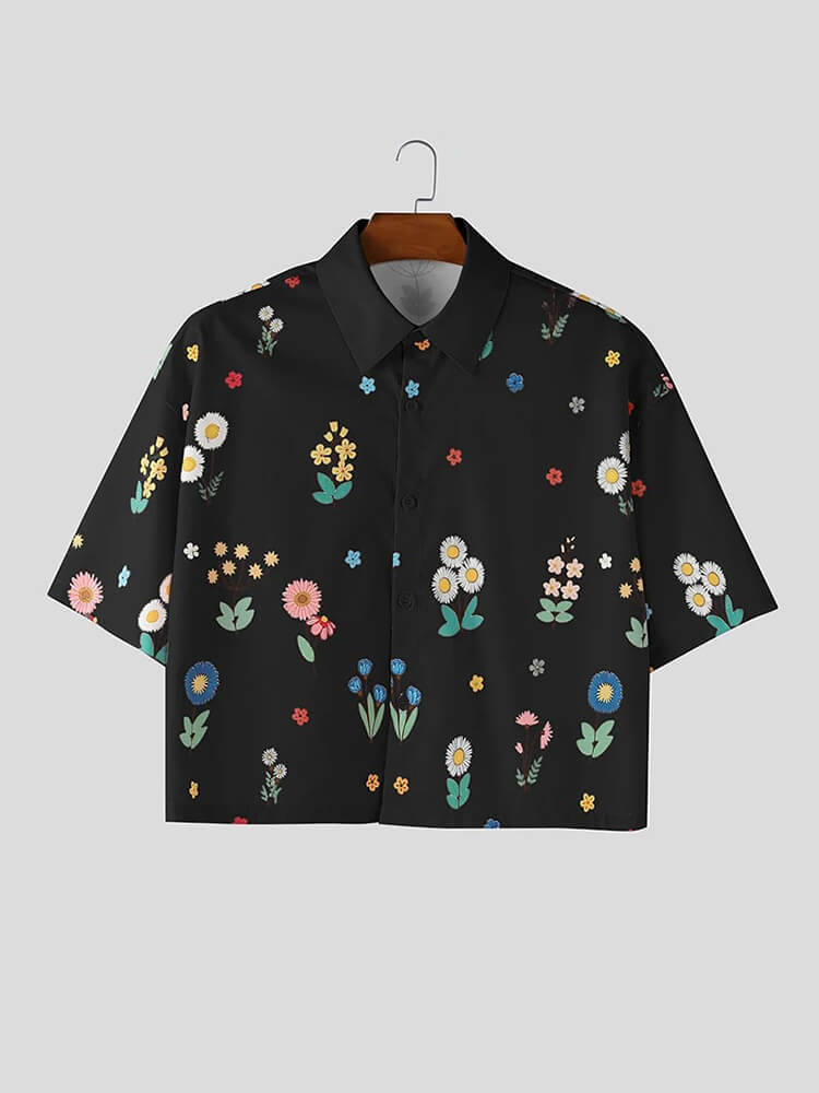 Men's Floral Print Loose Short-Sleeve Cropped Shirt
