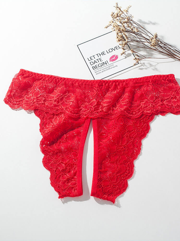 Men's Sexy Lace Open-Crotch Solid Color Thong
