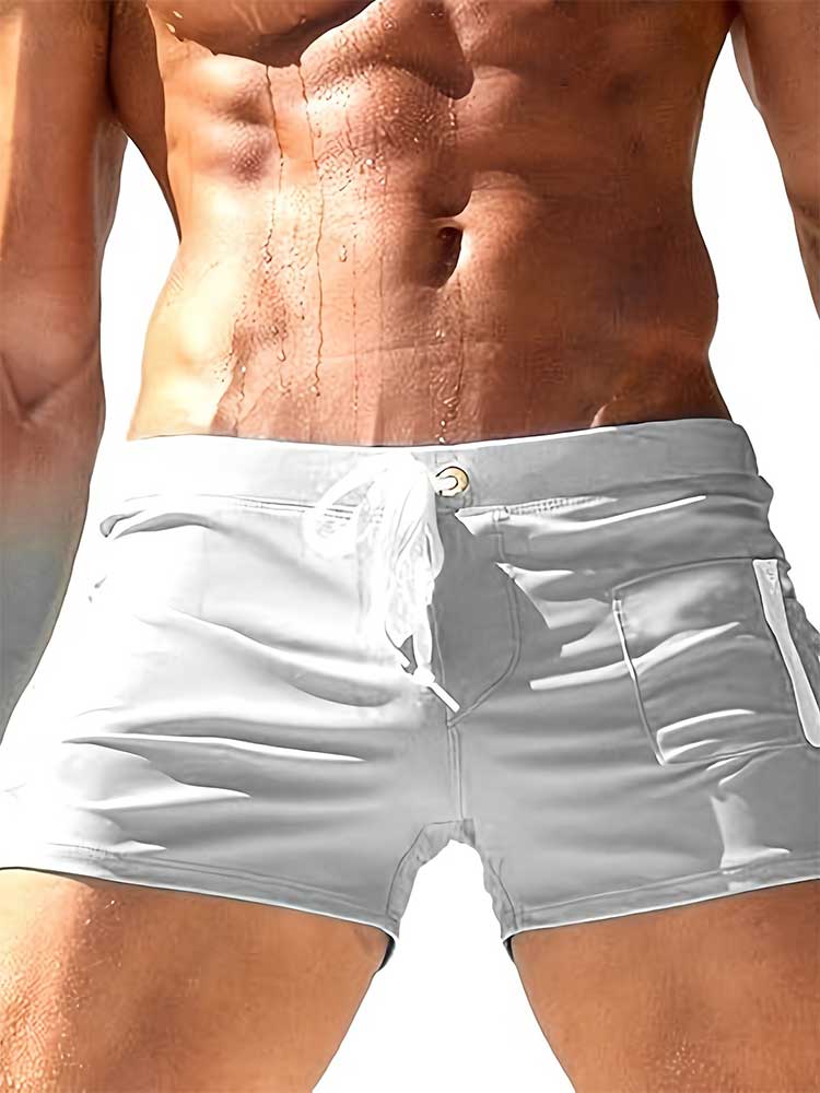 Men's Zipper Pocket Drawstring Solid Swim Trunks