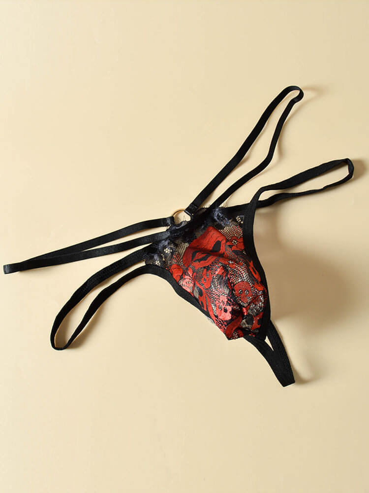 Men's Skull Print Mesh Sexy Double-Strap Thong