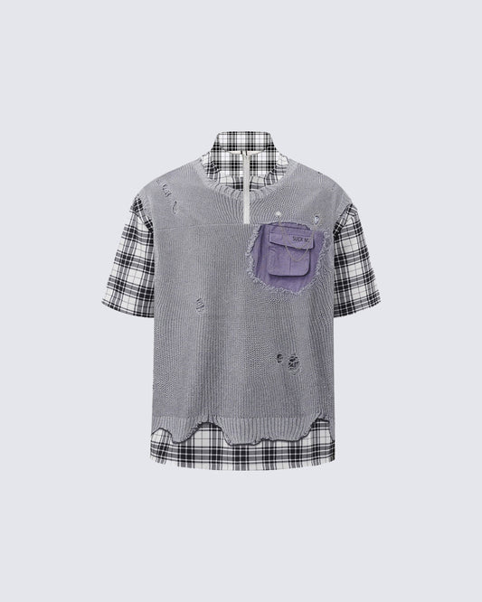 Patchwork Distressed Plaid Layered Knit T-Shirt