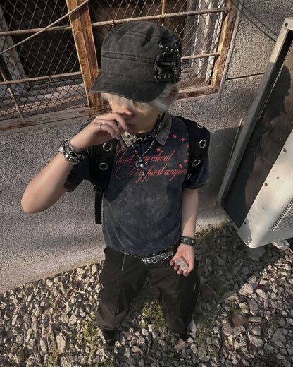 KIIKIO -New Vintage Washed Letter Print Polo Shirt