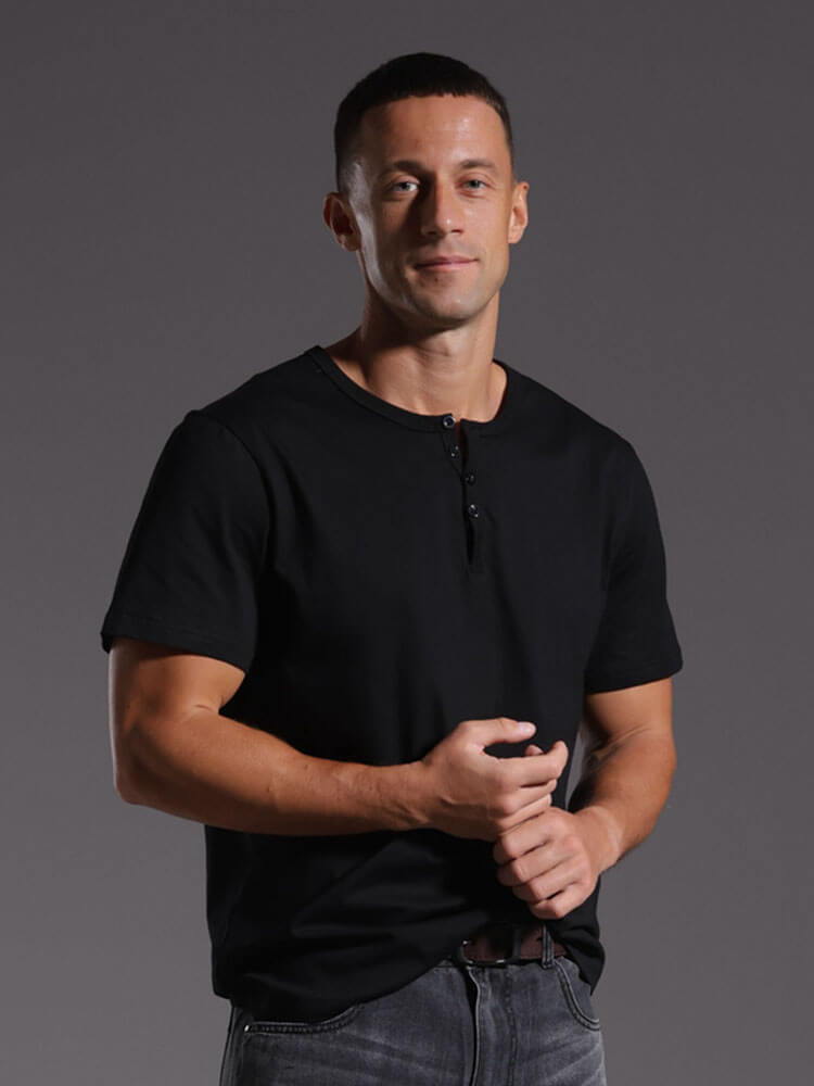American-Style Loose Pure Cotton Henley T-Shirt
