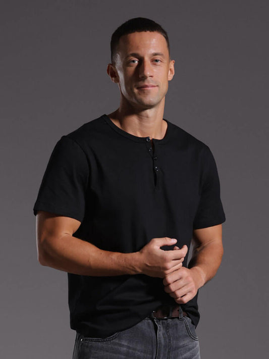 American-Style Loose Pure Cotton Henley T-Shirt