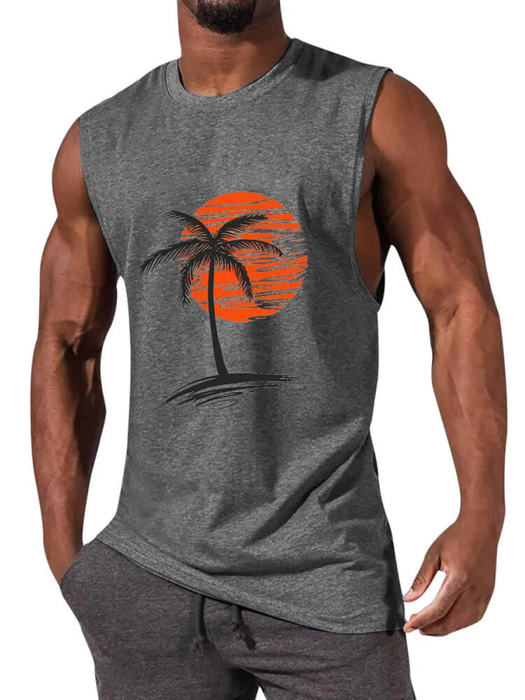 Men's Sunset Coconut Tree Print Solid Tank Top