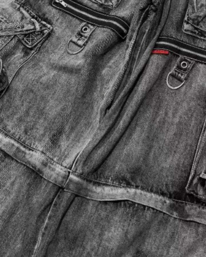 Denim Cargo Pants with Multiple Straps and Zippers