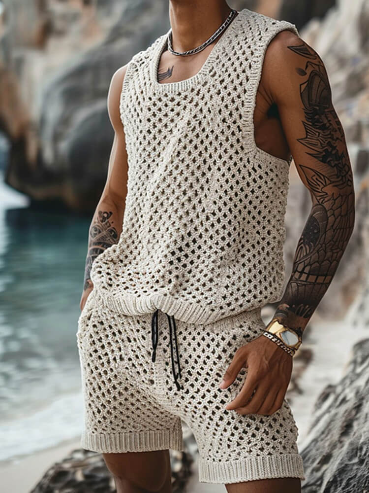 Men's Casual Loose-Fit Hollow Knit Set