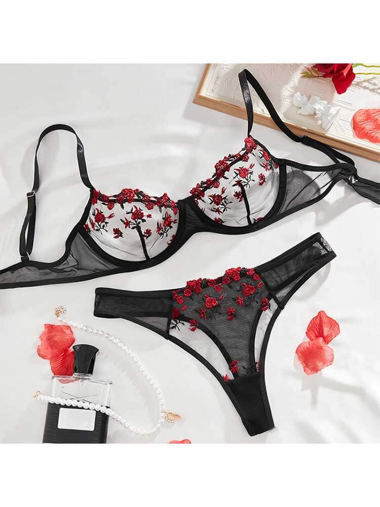 Men's Sexy Floral See-Through Mesh Bra Briefs Set