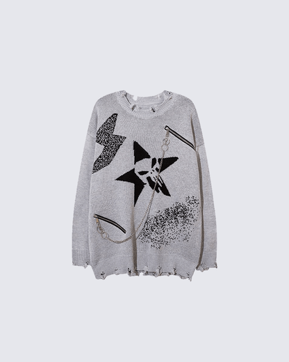Punk Star Chain Distressed Knit Sweater