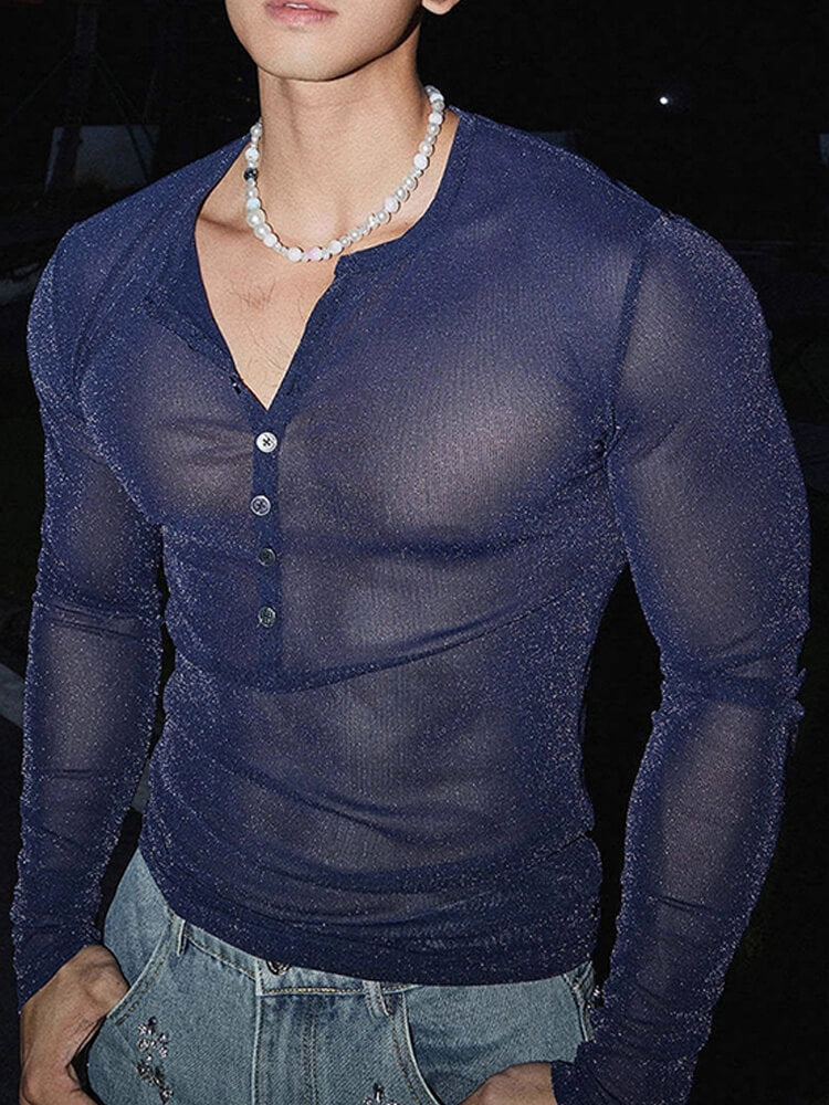 Men's Sexy Crew Neck Button-Front Semi-Sheer Top