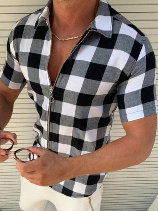 Men's Plaid Print Zip-Up Short Sleeve Shirt