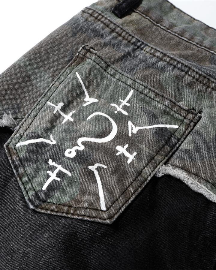 Punk Camouflage Patchwork Ripped Flared Jeans