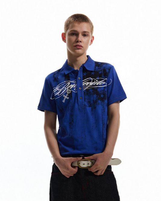 KIIKIO Retro Star-Spangle Collared Polo Shirt