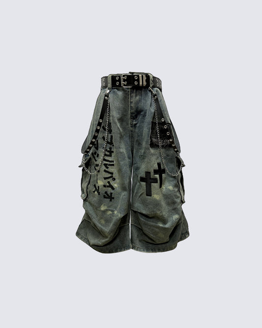 Gothic Washed Denim Shorts with Chains
