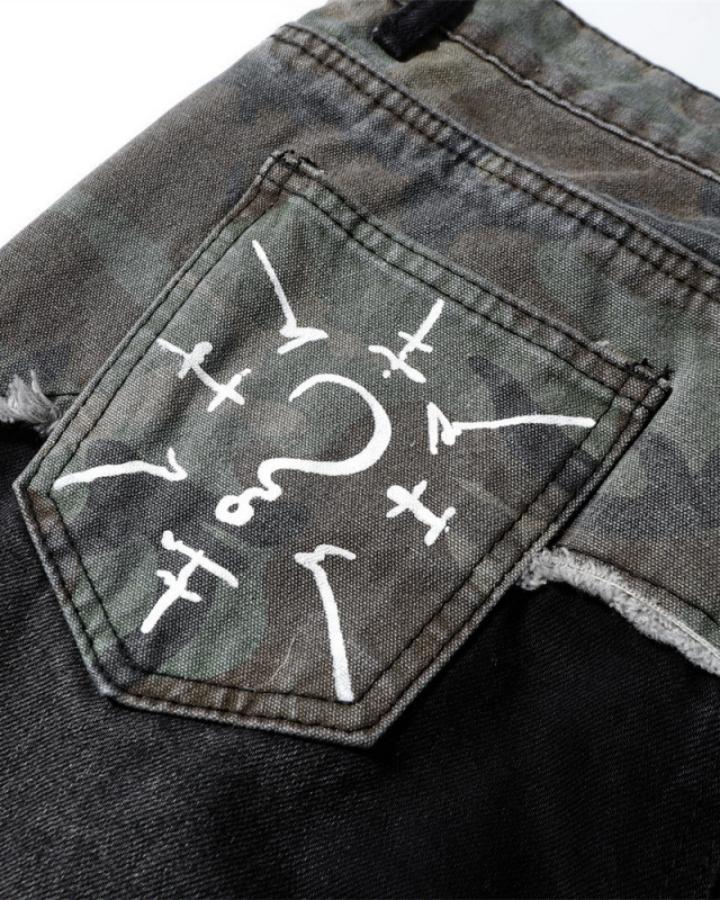 Punk Camouflage Patchwork Ripped Flared Jeans