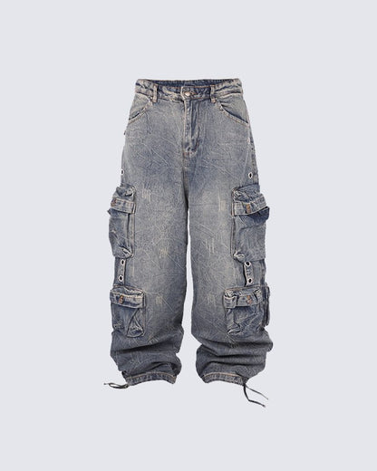 Multi-Pocket Washed Denim Pants
